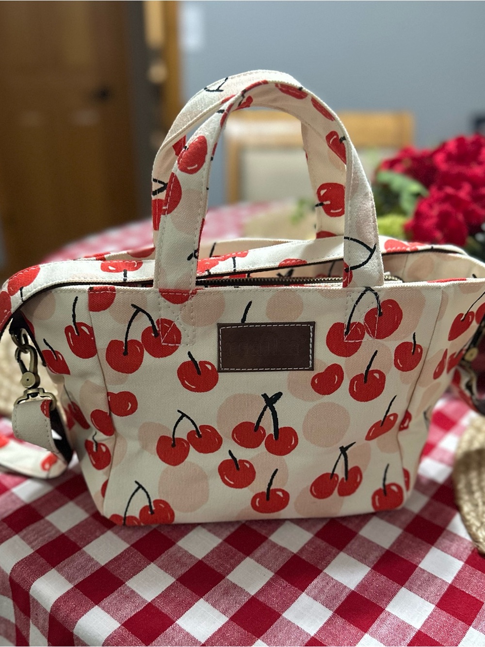 Maika Cherry-Print Canvas Tote in Cream and Red